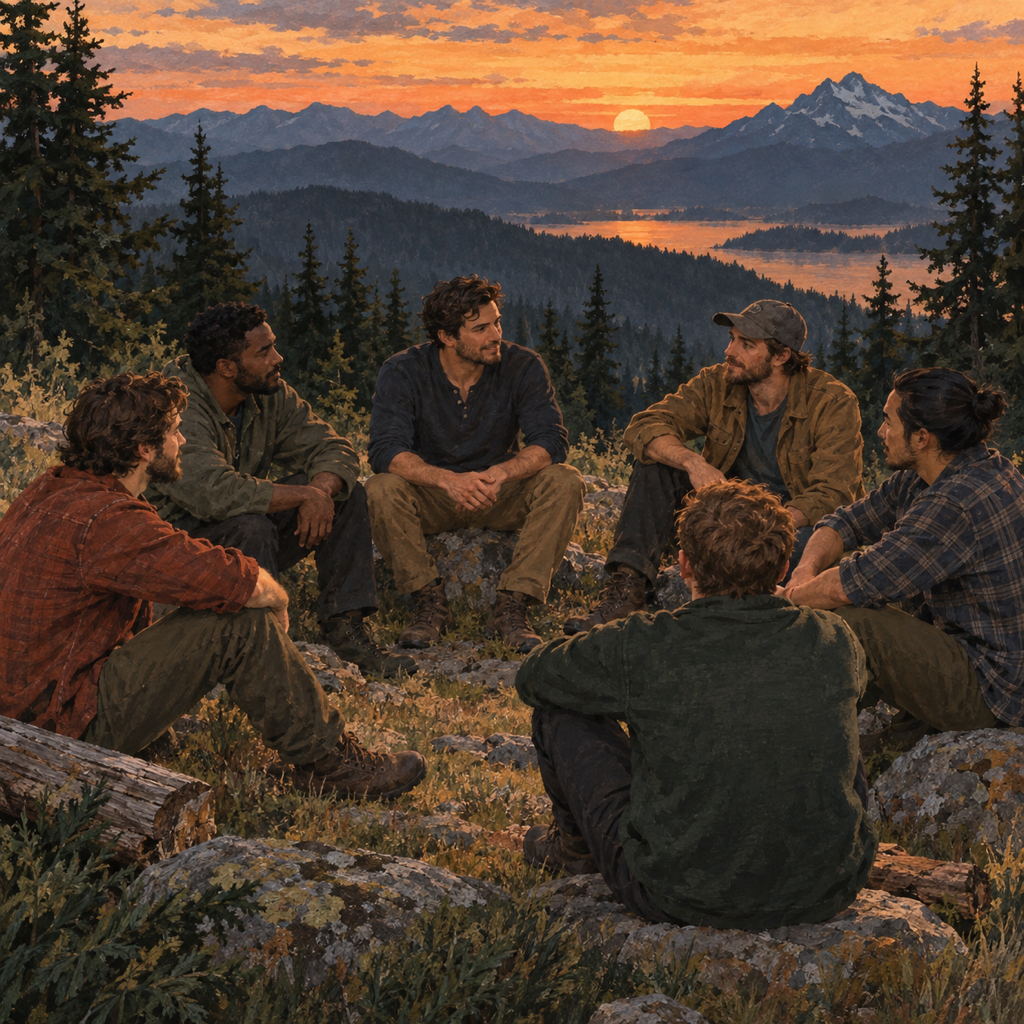 A group of men sitting in a circle on a mountain ridge at sunset
