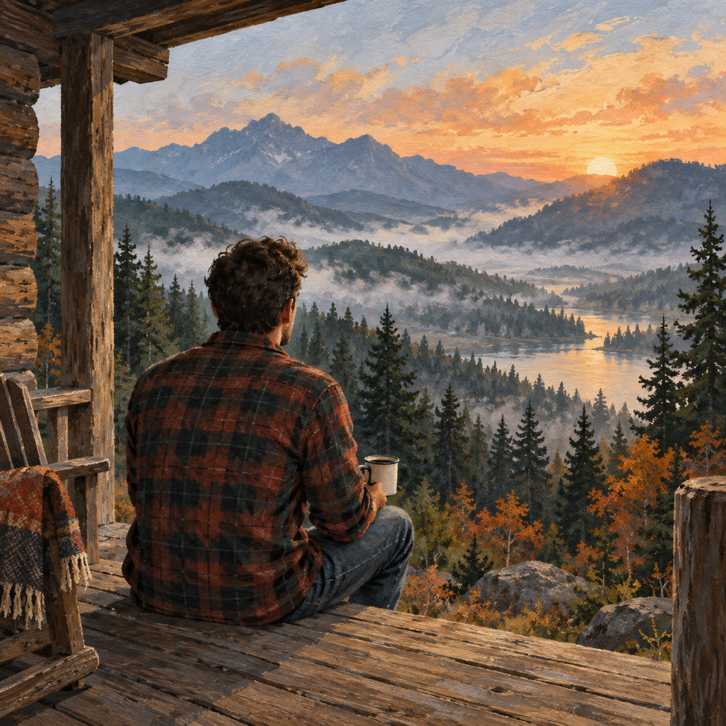 A man sitting on a cabin porch at dawn, looking across a mountain valley